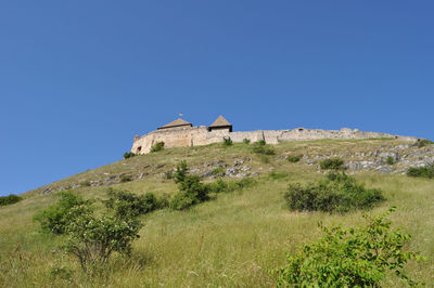 Low angle view of building against clear blue sky