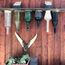 Close-up of wine bottles on table