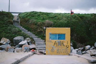 Hut by steps against sky