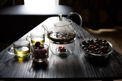 Close-up of tea set on table