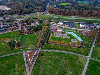 High angle view of road amidst trees