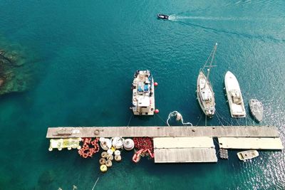 High angle view of ship moored in sea