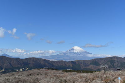 Scenic view of snowcapped mountains against blue sky