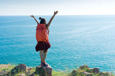 Rear view of man looking at sea against sky