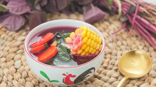 High angle view of food in bowl on table