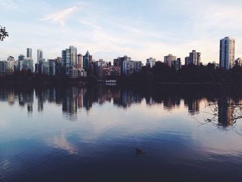 Scenic view of lake by buildings against sky