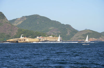 Scenic view of sea with mountains in background