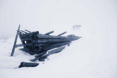 Built structure on snow covered land against clear sky