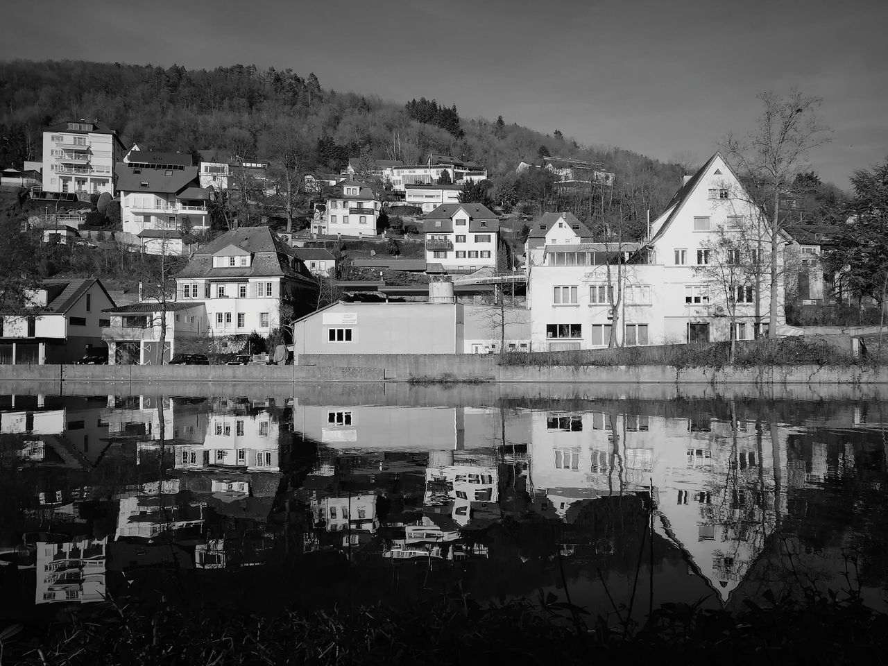 architecture, built structure, building exterior, building, residential district, house, water, city, no people, nature, day, reflection, outdoors, sky, community, lake, town, plant, townscape