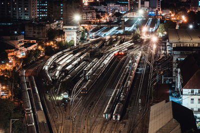 High angle view of light trails on road in city