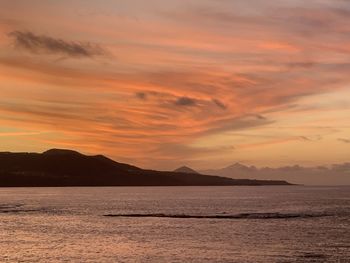 Scenic view of sea against romantic sky at sunset