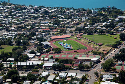 High angle view of townscape and trees in city