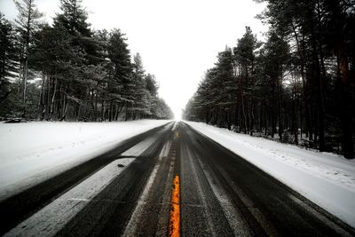 Road amidst trees against clear sky during winter