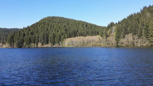 Scenic view of lake by mountain against clear sky