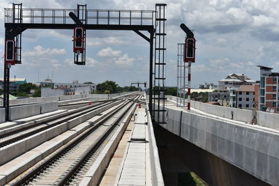 Railroad tracks in city against sky