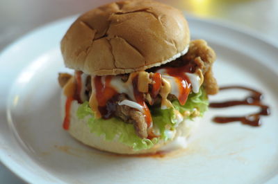 Close-up of burger in plate