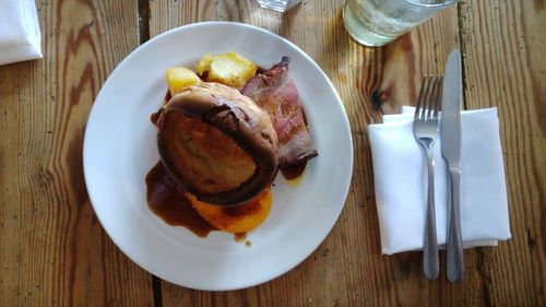 High angle view of food in plate on table