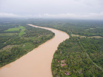 High angle view of land against sky