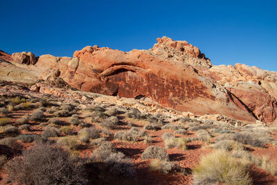 Scenic view of colorful sandstone rock formations against clear blue sky