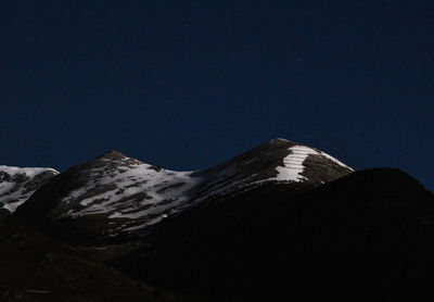 Scenic view of snowcapped mountains against clear sky at night