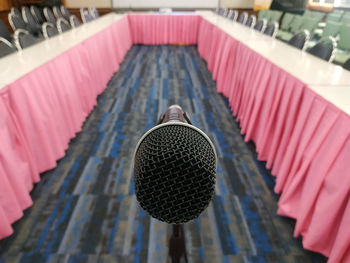 High angle view of pink decorations hanging in row