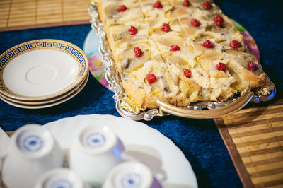 High angle view of food in plate on table