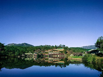 Scenic view of lake and buildings against blue sky