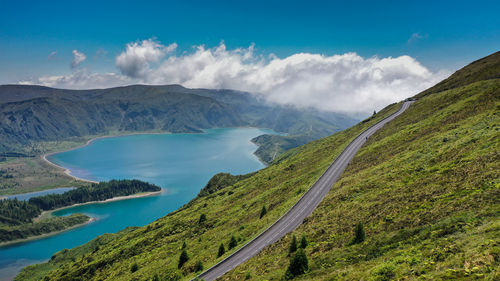 Panoramic view of lake and mountains against sky