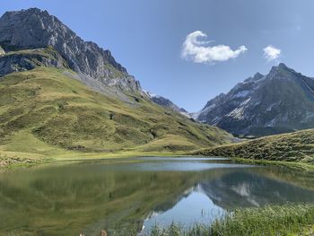 Scenic view of lake and mountains against sky