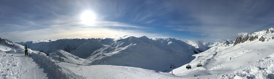 Scenic view of snowcapped mountains against sky