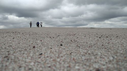 People walking on sand at beach against sky