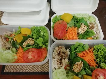 High angle view of chopped vegetables in tray