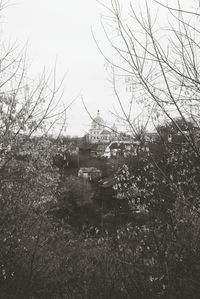 High angle view of trees and buildings against sky