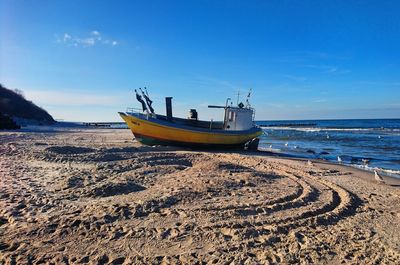 Fishing boat on beach against sky