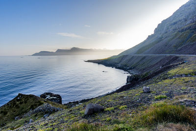 Icelandic fjord between ocean covered mountains at borgarfjordur eystri in eastern iceland