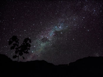 Low angle view of silhouette mountain against sky at night