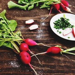 High angle view of tomatoes and leaves on table