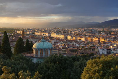 High angle view of townscape against sky in city