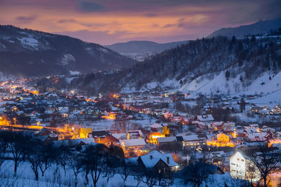 Aerial view of town during winter