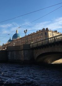 Bridge over river by buildings against sky