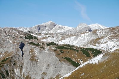 Scenic view of snow covered mountains against sky