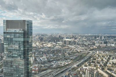 View of city from observation deck of moscow cities skyscraper. neva tower, 