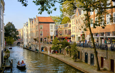 The netherlands leisure boats on the oudegracht canal in utrecht city centre, athe netherlands 