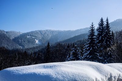 Scenic view of snow covered mountains against clear sky