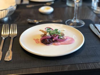 High angle view of food in plate on table