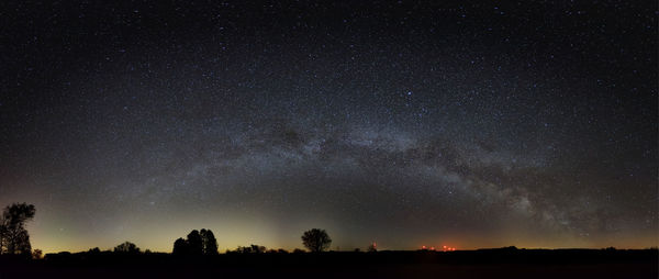 Low angle view of silhouette trees against star field at night