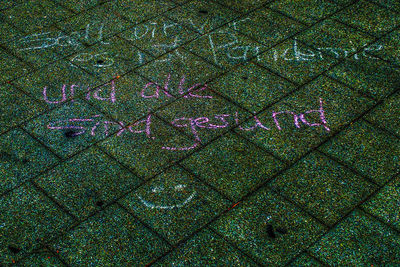 Full frame shot of multi colored text on footpath