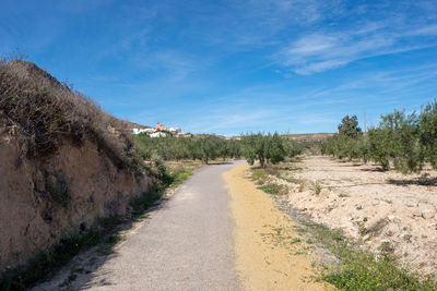 Dirt road along landscape and against blue sky