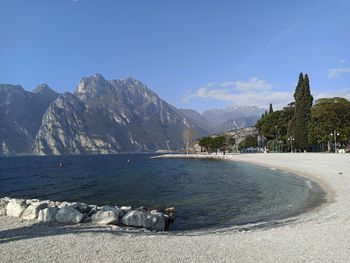 Scenic view of sea against clear blue sky