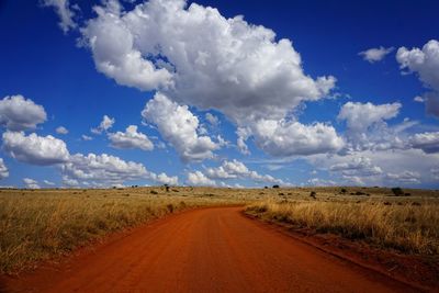 Road amidst agricultural field against blue sky